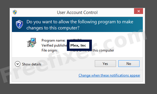 Screenshot where Plex, Inc appears as the verified publisher in the UAC dialog